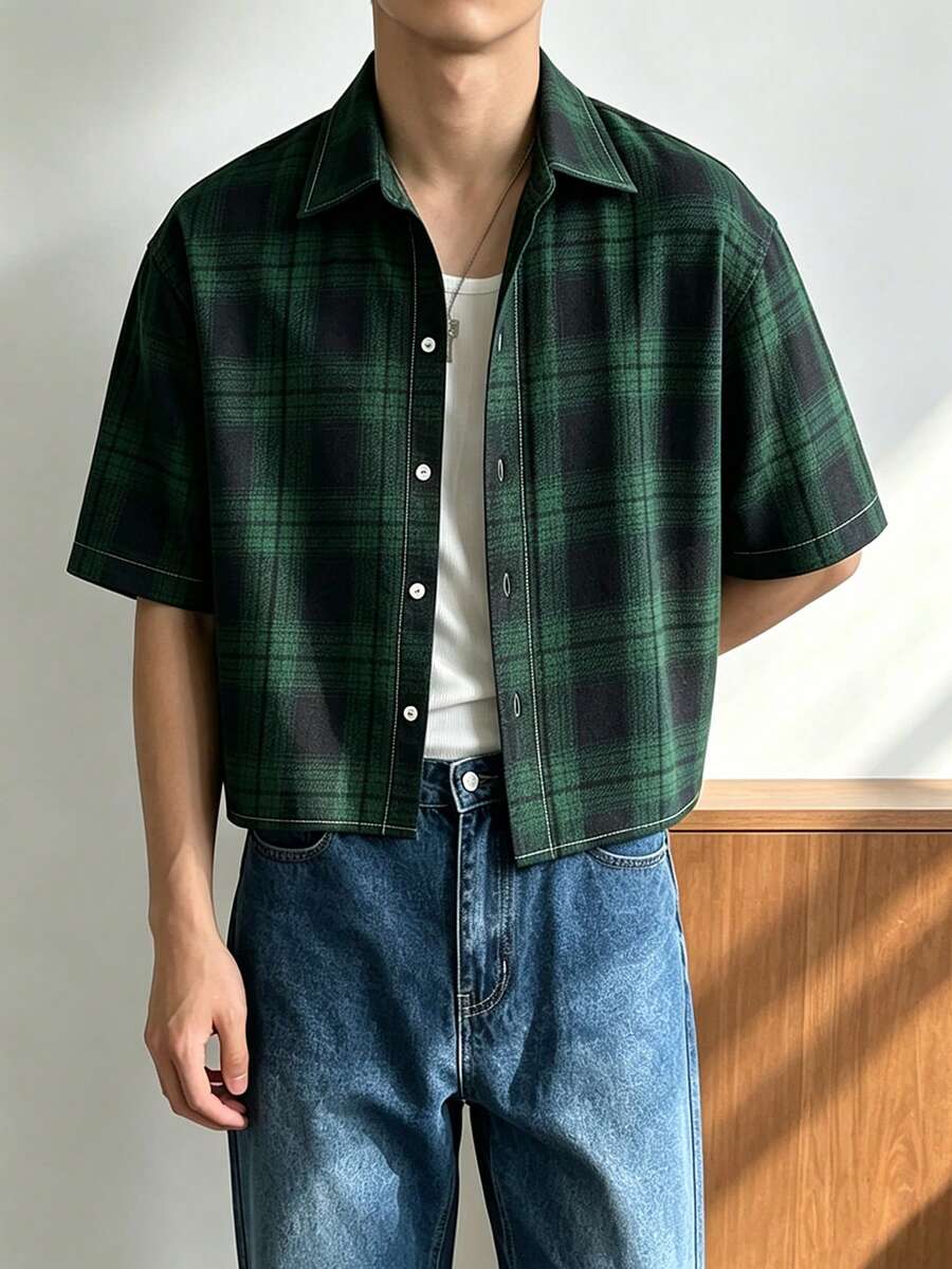 男士短版格紋短袖襯衫 復古街頭風鈕扣上衣 - 墨綠色 - 查看 1