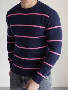 Men's Mercerized Striped Loose Drop Shoulder Crew Neck Long Sleeve Sweater - Navy Blue - View 3