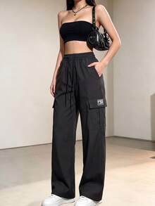 Women's Cargo Long Pants Spring Autumn Large Pockets Casual Sports Pants, Drawstring Waist, Multi-Pocket Design, Suitable For Outdoor Sports And Street Wear - Black - View 3