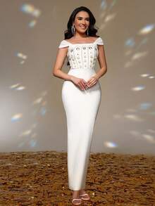 Love Aing Gaun Pesta Wanita Musim Panas Model Bodycon Berbahan Jala dengan Tali Bahu, Mutiara, dan Rhinestone, Seksi, Cocok untuk Pesta Koktail, Malam Hari, dan Acara Semi-Formal untuk Tamu Pernikahan. - Putih - View 10