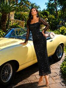 UNITHORSE [Random Cut] Square Neck Waist Cinched Sequin Elegant Evening Dress - Black - View 4
