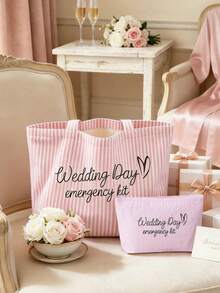 1/2pcs Bridal Wedding Large Capacity Striped Tote Bag Set, Suitable For Beach And Daily Use, Striped Beach Handbag With Pink Makeup Bag - Multicolor - View 3