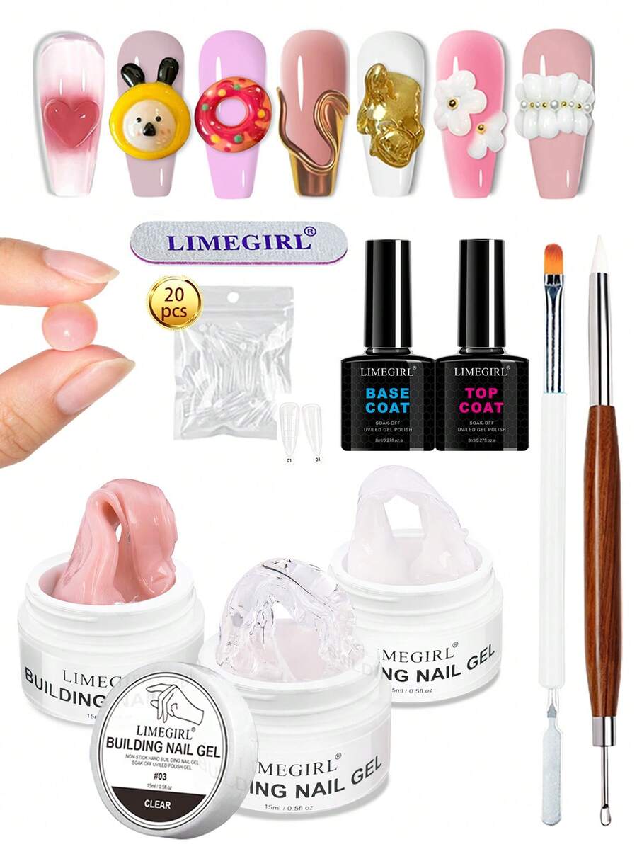 LIMEGIRL Nail Extension Gel Kit, UV LED Nail Extension Gel Set With Base Coat And Top Coat, Dual-Sided Nail Molds, Nail Art Brush, Silicone Tools And Nail File, Suitable For DIY Salon Manicure - Multicolor - View 1