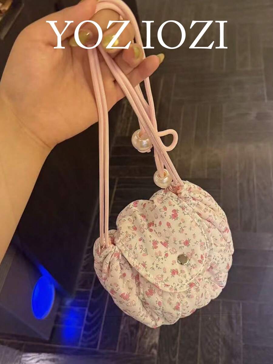 日韓風小眾設計 Ins 風花卉純棉化妝包,便攜清新抽繩封口通勤戶外日常購物可愛草莓圖案化妝收納包,便攜斜挎包 - 粉色 - 查看 1