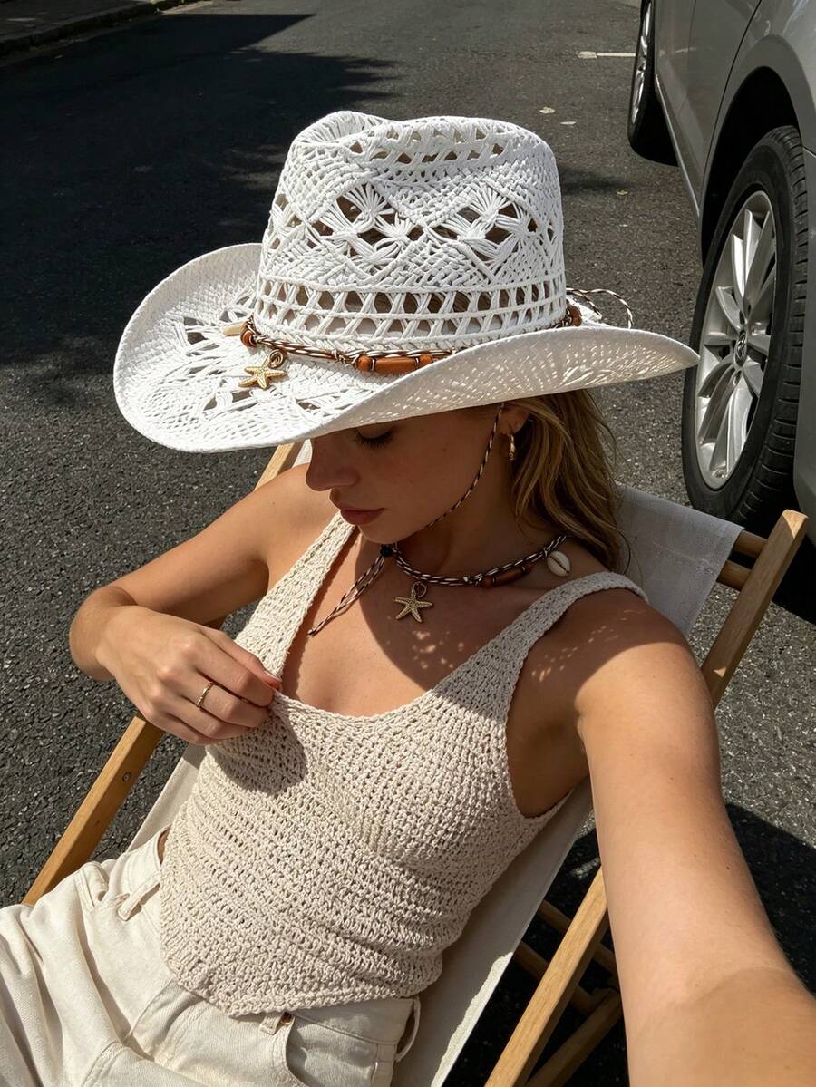 1pc Bohemian Style Solid Color Star Embellished Hollow Out Panama Straw Hat, Casual UV Protection Decorative Sun Hat, Fashionable Versatile, Suitable For Outdoor Activities, All Season - A - View 1