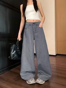 Women's American Retro Striped Fabric Loose Straight Wide Leg Denim Jeans, Blue Long - Blue - View 9