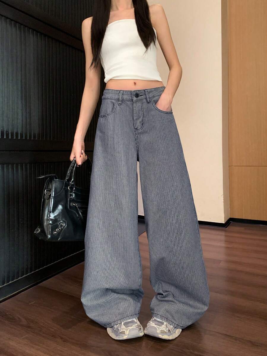 Women's American Retro Striped Fabric Loose Straight Wide Leg Denim Jeans, Blue Long