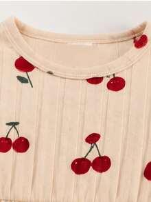 2pcs/Set Baby Girl Comfortable Cute Spring/Autumn New Ribbed Fuzzy Cherry Waist-Cinching Long Sleeve Top And Pants Set - Apricot - View 3