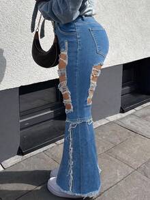 Plus Size Denim Straight Leg Jeans For Women, Medium Stretch Long Pants With Zipper Details, Perfect For Fall Women's Clothes - Blue - View 3