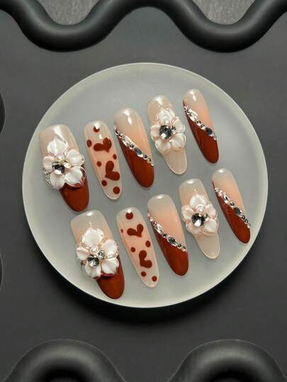 10 Pcs Handmade Press-On Nail Stickers, Burgundy, Handmade 3D Flower Decorations, Heart Pattern, 3D Rhinestone Decorations, White French Trim, French Style, Long Nails, Oval Nails, Cat Eye Nails, Reusable, Suitable For Everyday/Holiday Wear.