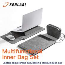 SENLASI 13/14/16 吋筆電保護套，PU 皮革保護套與配件袋，附加墊支架支撐與滑鼠墊，相容 MacBook Neo A18、Air Pro 13 14 吋 M1 M2 M3、Air 15 吋 M2 M3、Pro 16 吋、HP 筆電，灰色 - 查看 1