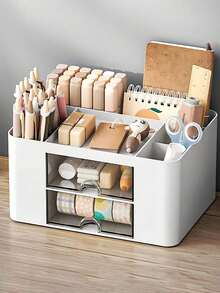 1pc Drawer Stationery & Sundries Storage Box, Student Dorm Desk Ins Style Pen Holder, Tape Organizer, Cosmetic Storage Box, Office Supplies Storage Box, Suitable For Back To School Gift, Random Color - White - View 8