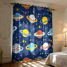 2pcs Watercolor Cartoon Planet Curtains, Solar System Galaxy Theme, Room Decor Curtains, Rod Pocket Design, Semi-Transparent Polyester Material, Suitable For Living Room, Kitchen, Bedroom And Other Places - Multicolor - View 1