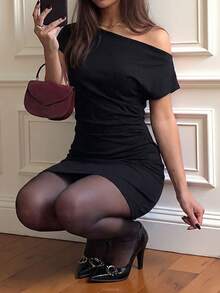 Unadoll Women's Autumn Black One-Shoulder Short Sleeve Ruched Mini Dress, Fitted Flare Skirt Elegant Summer - Black - View 4