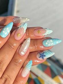 24pcs Cute 3D Acrylic Nail Stickers (Shell, Starfish And Flower Design) Medium Almond Shape Press-On Nails, Suitable For Beach Vacation And Summer Party - Multicolor - View 2
