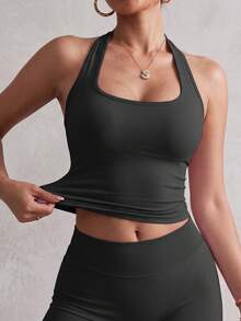 Conjunto deportivo sin costuras, camiseta de tirantes con espalda de corredor y shorts ajustados a la cadera, conjunto de yoga y fitness de cintura alta, estilo minimalista negro - Negro - Ver 5