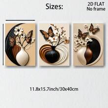3-Piece Frameless Modern Minimalist Vase & Floral Wall Art Print Canvas Decor, Abstract Geometric Butterfly & Floral Frameless Poster, Home Decor Neutral Earth Tone Wall Art, Holiday Decoration Gift - Beige - View 9