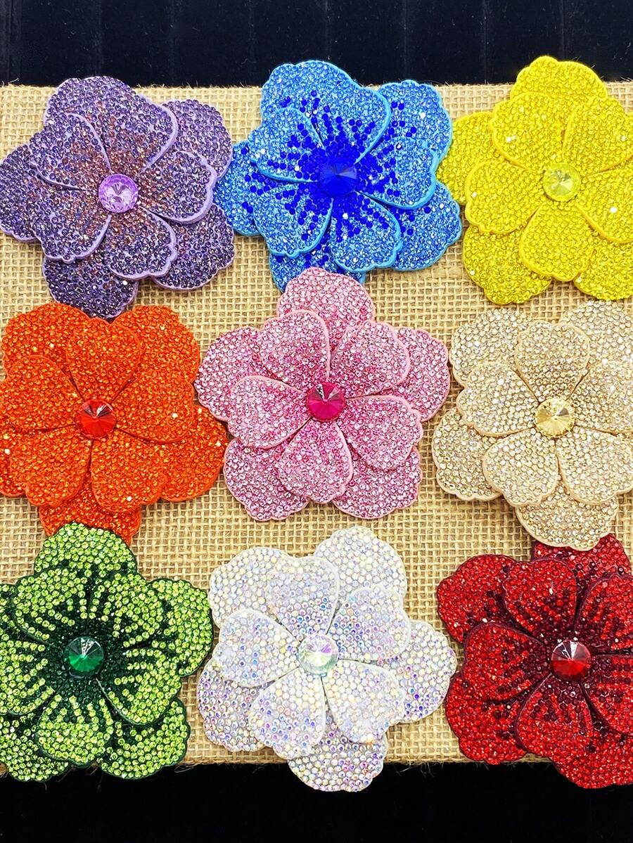 1pc Rhinestone Studded Double Layer 5-Petal Flower Applique, Hand-Sewn DIY Clothing Trim Accessory For Shoes, Hats, Bags, Hair Accessories - Orange - View 1
