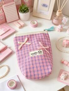 Cute Plaid Pencil Case Roomy Cosmetic Bag For Youth Plaid Makeup Pouch Elegant Desk Organizer Waffle Plaid Storage Unit Bow Knot Toiletries Holder Travel Back To School Station Essentials Accessories,Makeup Organizer,Room Decor - Multicolor - View 7