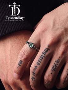 Tysoendlay 1 pieza Anillo de promesa de plata de ley 925 estilo bohemio con ágata natural y hoja de musgo, anillo de boda con piedra de nacimiento, regalo de joyería para mujer, regalo de aniversario - Plata antigua - Ver 5