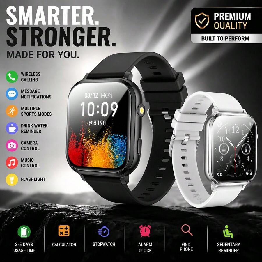 AZRTL Unisex Smart Sports Watch With Side Light-Flashlight, Pedometer, Calorie Tracker, Multiple Sports Modes, Music Control, Remote Camera, Wireless Calling, Customizable Watch Face, Message Notification, Alarm Reminder, Weather Forecast, USB Charging, Multi-Function Smart Watch, Thoughtful Gift Choice - View 1