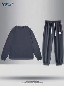 Men's Spring Minimalist Fashion Solid Color Versatile Comfortable Soft Skin-Friendly Outdoor Casual Crew Neck Pullover Sweatshirt And Drawstring Elastic Waist Long Pants Set - Dark Grey - View 2