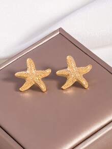 1 Pair European And American Fashion Beach Vacation Style Starfish Earrings, Minimalist Star-Shaped Elegant Design Stud Earrings - Gold - View 2