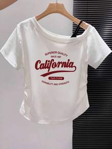 白色露肩方領 California 字母印花短袖 T-shirt 女款夏季修身顯身材辣妹風美式休閒上衣 - 白色-印花紅 - 查看 4