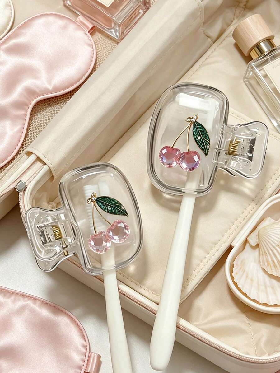 水晶櫻桃圖案牙刷架,適用於各種尺寸的牙刷,附通風孔可保持刷頭清潔乾燥。櫻桃圖案透明防塵牙刷蓋,適合女性與女孩旅行用牙刷保護蓋,便攜衛生,浴室美學可愛浴室配件,適用旅行與日常使用,透明夾式牙刷保護蓋,適合居家與旅行使用,家庭禮物、開學季、教師節禮物 - 彩色 - 查看 1