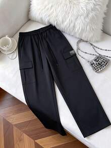 Women's Cargo Long Pants Spring Autumn Large Pockets Casual Sports Pants, Drawstring Waist, Multi-Pocket Design, Suitable For Outdoor Sports And Street Wear - Black - View 8