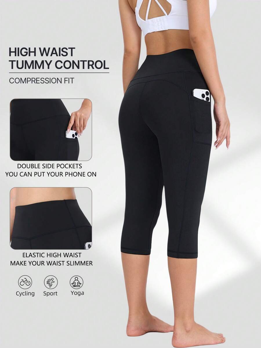 Spring Summer Autumn Women's High Waist Side Pocket Capris, Elastic Sports Leggings For Running And Workout, Leisure Black - Black - View 1