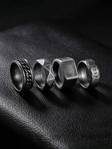 4-Piece Set Of Vintage Antique Silver Chain Stainless Steel Men's Rings, Men's Jewelry Accessory Set, Suitable For Everyday Wear, Special Rings - Four-piece Set - View 3