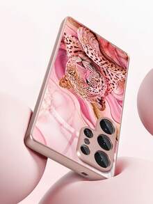 1PC Luxury Pink Marble Leopard Print Phone Case, Pink Gold Leopard Pattern Pink Metallic Paint Tempered Glass Phone Case, Glossy Metal Glass Back Cover, Luxury Shockproof Protective Case Suitable For Galaxy S25/S24/S23/S22/S21/S20/Note20/A04/A10/A12/A13/A14/A15/A20/A21s/A22/A23/A24/A25/A31/A32/A33/A34/A50/A51/A52/A53/A54/A70/A71/A72, Scratch-Resistant, Wear-Resistant, Excellent Hand Feel, Fashionable Anti-Drop, Cute , Girls Artistic Design - Multicolor - View 2