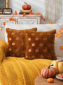 Homemorelove 1/2pcs PV Velvet Small Pumpkin Embroidered Pillow Case, Autumn Decor, Thanksgiving, Halloween Atmosphere Home Decoration Cushion, Suitable For Living Room, Bedroom, Sofa, Pillow Insert Not Included - Deep-burn Rabbit Fur Deep-burn - View 12