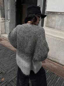 Autumn/Winter Chinese-Style Tie-Dye Hollow Knit Cardigan, Relaxed Fit Drop Shoulder V-Neck Jacket - Grey - View 4
