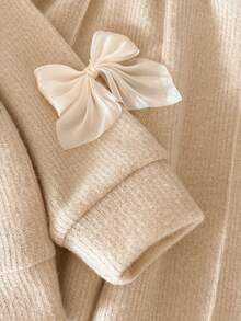 Baby Girls 2pcs/Set Knit Pullover Top And Straight Leg Pants Set, Solid Color Round Neck Long Sleeve Top With 3D Bow Decor, Autumn/Winter New Style, Sweet Casual Daily Outwear Outfit - Apricot - View 6