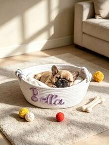 1pc Custom Names Of Cats Or Dogs Woven Storage Basket, Soft Cotton Rope Woven Pet Bed, Desktop Storage Tool With A Customizable Name, Storage Basket For Pet Snacks Or Toys, Multipurpose Basket, Handled Basket, Home Decor, Christmas Present - Multicolor - View 5