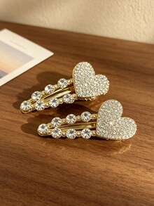 2pcs Luxury Rhinestone Heart Hair Clips, Women's Side Hair Clips For Daily, Party, Wedding, Vacation - Multicolor - View 3