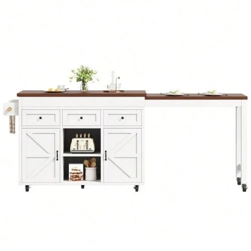 Kitchen Island With Storage, Extendable Dining Table/Bar Table (131.5-210 Cm), 360° Rotatable, With Drawers And Cabinets, Versatile Worktop For Kitchen, Dining Room And Small Spaces, Black - White - View 1