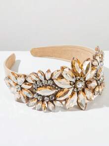 1pc Solid Color European & American Fashion Baroque Vintage Glamorous Gemstone Pearl Large Flower Shaped Decorative Headband Elegant High Quality Ball Evening Party Hair Accessory - FG1601 - Brown - View 2