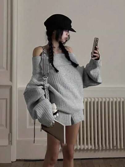 2pcs/Set Sweater Wanita Lengan Panjang Longgar Model Bahu Terbuka Gaya Korea & Celana Pendek Lurus Pinggang Tinggi, Musim Gugur/Dingin