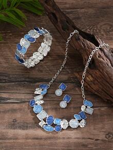 Cring Coco 3Pcs Irregular Geometric Women Blue Enamel Geometric Jewelry Set Chunky Statement Necklace Earrings Cuff Bracelet Boho Color Block Metal Accessory - Geometry 1 - View 11