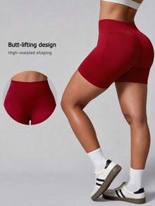 1pc Women's Ribbed Solid Color Seamless Fitted Sports Shorts, Butt-Lifting Ruched Body-Hugging Outdoor Sports Shorts For Running, Yoga And Workout Red - Red - View 7