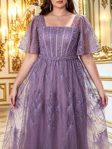 Summer/Fall Plus Size Elegant Dusty Pink Floral Lace Square Neck Flutter Sleeve Belted Beaded Maxi Dress For Wedding Guest, Party, Prom & Festival - Dusty Pink - View 6
