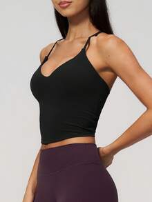 NcmRyu Women's 1pc Solid Color Adjustable Thin Criss-Cross Back Strap V-Neck Waist-Exposing Camisole - Black - View 9