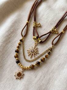 Juego de 2 collares vintage estilo occidental con piedra ojo de tigre y capas, cordón de ante sintético marrón, gargantilla de estilo bohemio para mujer - Multicolor 2 - Ver 5