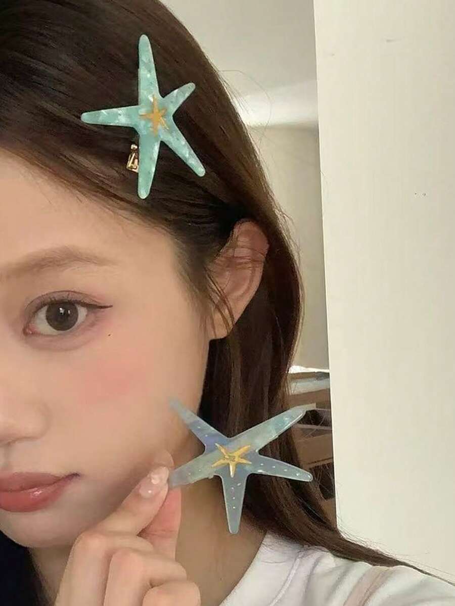 夏季海灘風透明海星髮夾 漸層側邊髮夾 女款日常度假裝飾 - 多色B - 查看 1