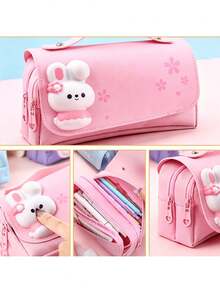 1pc Large Capacity Cartoon Pencil Case, Cute Pencil Box, Girly Pencil Case, Three-Layer Canvas, Fresh And Cute Pencil Case, First Day Of School - Multicolor - View 4