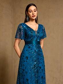 XUCTHHC 高品質亮片優雅V領蝴蝶袖A字晚禮服，正式舞會禮服，婚禮賓客，假日，秋冬 - 水鴨藍 - 查看 2