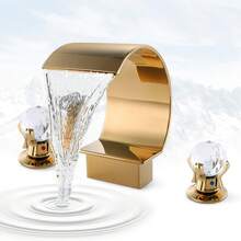 High Arc Waterfall Bathroom Faucet 3 Hole 2 Handle Crystal Knobs Vanity Basin Mixer Tap 8-Inch&Upwards Widespread Bathtub Filler Faucet Polished Sliver/Nickel/Black/Gold Bathroom Sink Faucet - Gold - View 10